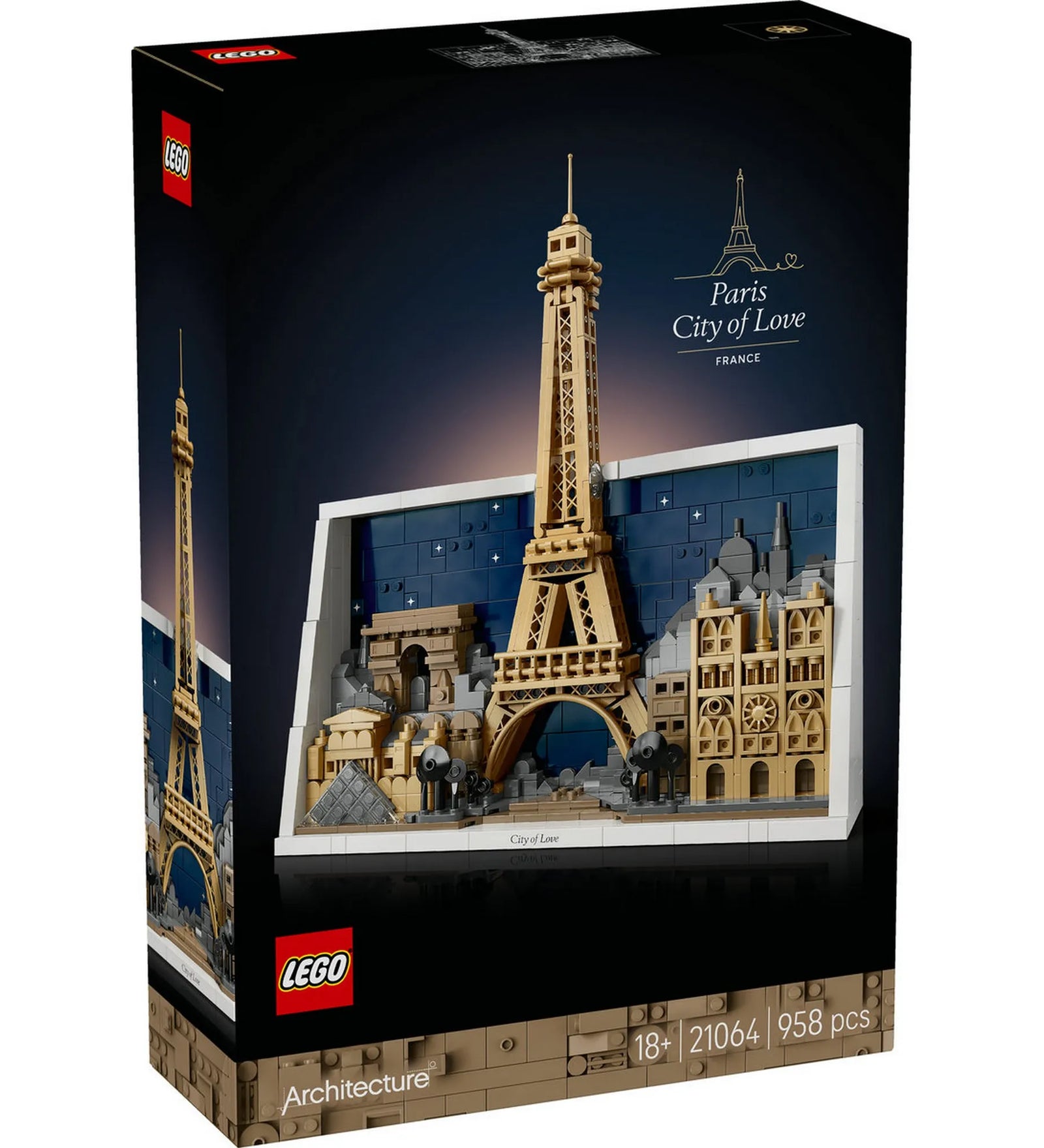 LEGO Architecture: Párizs, a szerelem városa 21064 – A LEGO Architecture készlet doboza, rajta a „City of Love” párizsi díszmodell.