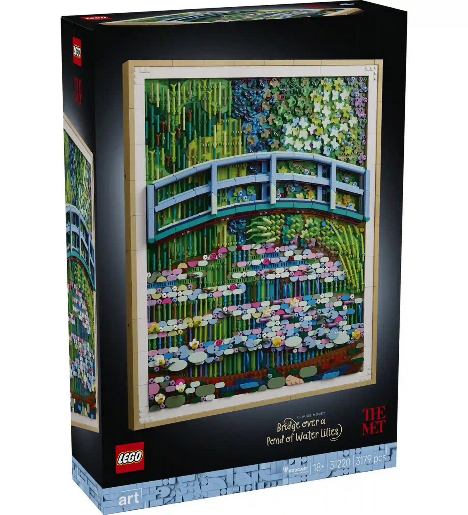 LEGO Art: Claude Monet Híd a vízililiomos tó felett 31220, 3179 darabos termékdoboz elölnézete a kész alkotással.