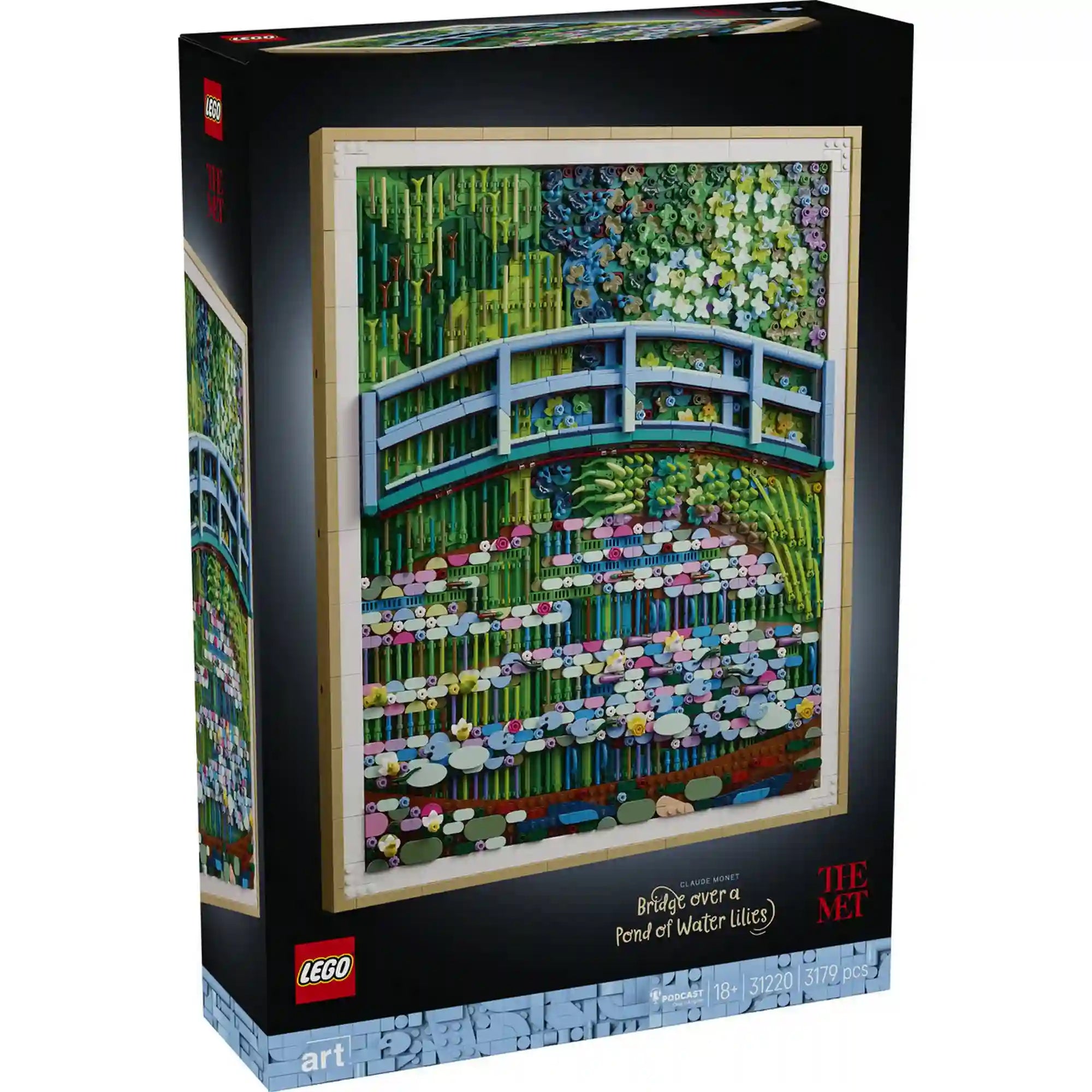 LEGO Art: Claude Monet Híd a vízililiomos tó felett 31220, 3179 darabos termékdoboz elölnézete a kész alkotással.