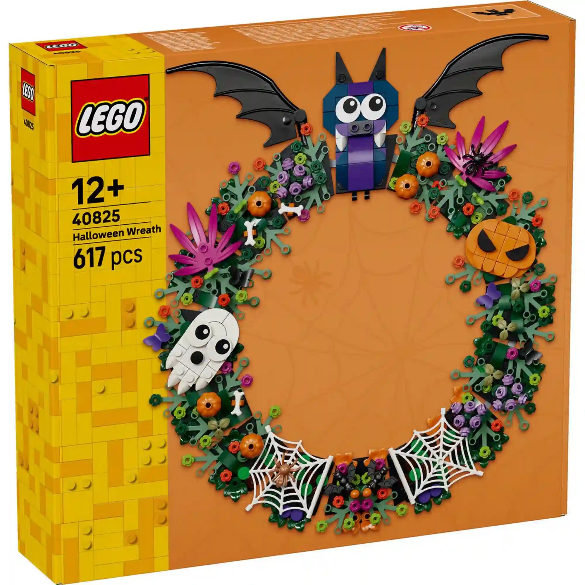 LEGO Halloweeni koszorú 40825 készlet doboza, rajta a denevérrel, szellemmel, tökökkel és pókhálókkal díszített koszorú.