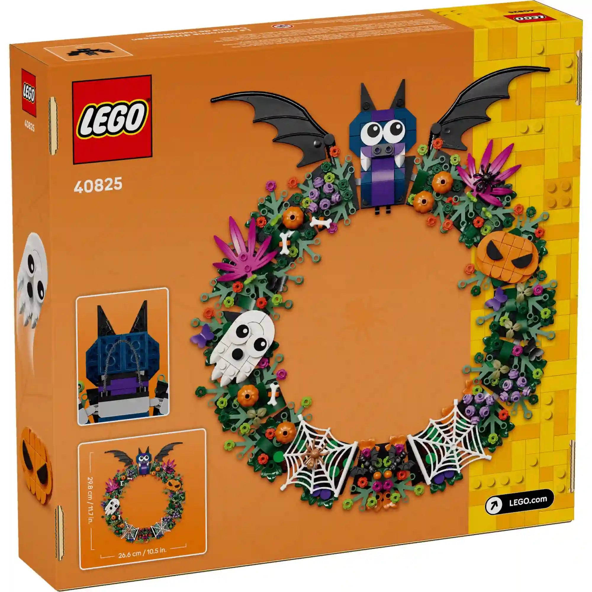 LEGO Halloweeni koszorú 40825 készlet dobozának hátoldala, a teljes koszorú képével, méreteivel és a denevér hátoldalának részletével.
