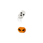 LEGO Halloweeni koszorú 40825 fehér szellemfigurája nagy fekete szemekkel és narancssárga tökfeje fekete szemekkel, fehér háttéren.