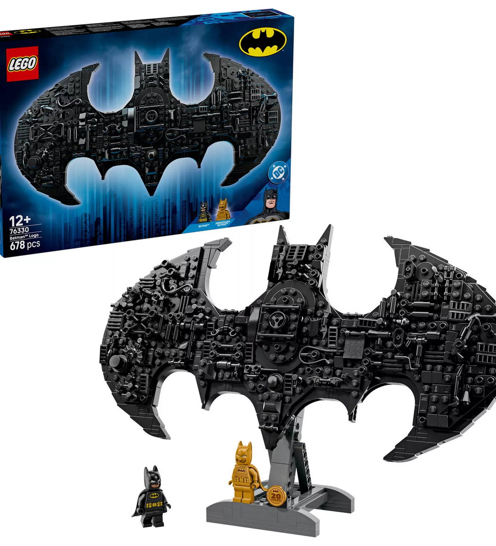 LEGO Batman logó 76330 teljes készlet dobozzal, Batman szimbólum modell és két Batman minifigura.