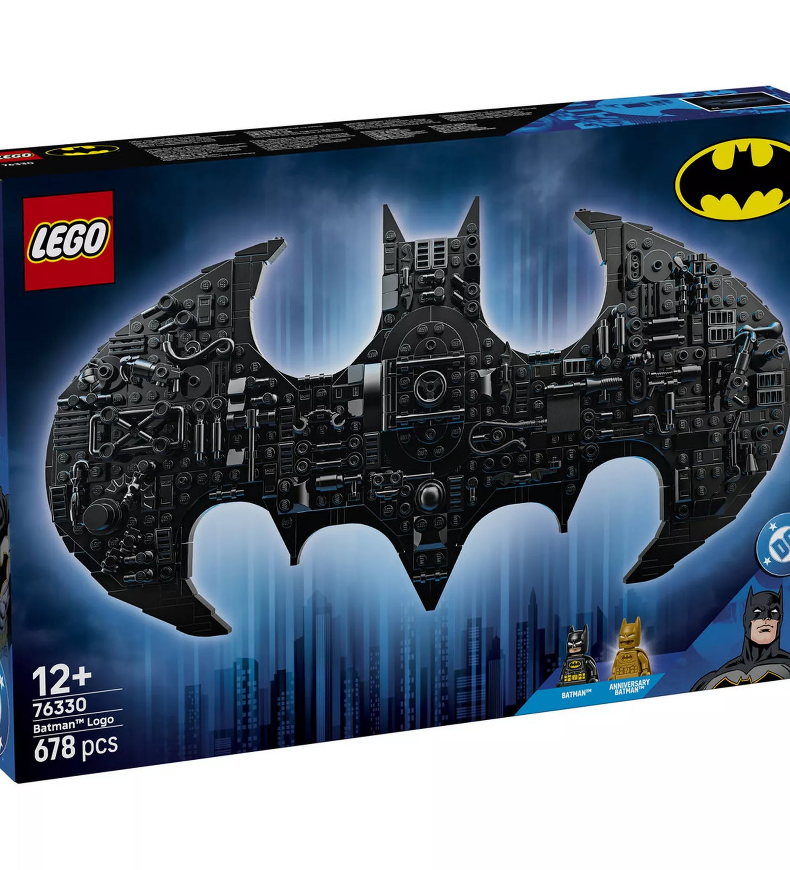 LEGO DC Batman logó 76330 dobozkép, nagyméretű fekete Batman jel szobadekorációs modell 678 darabos LEGO készletből.