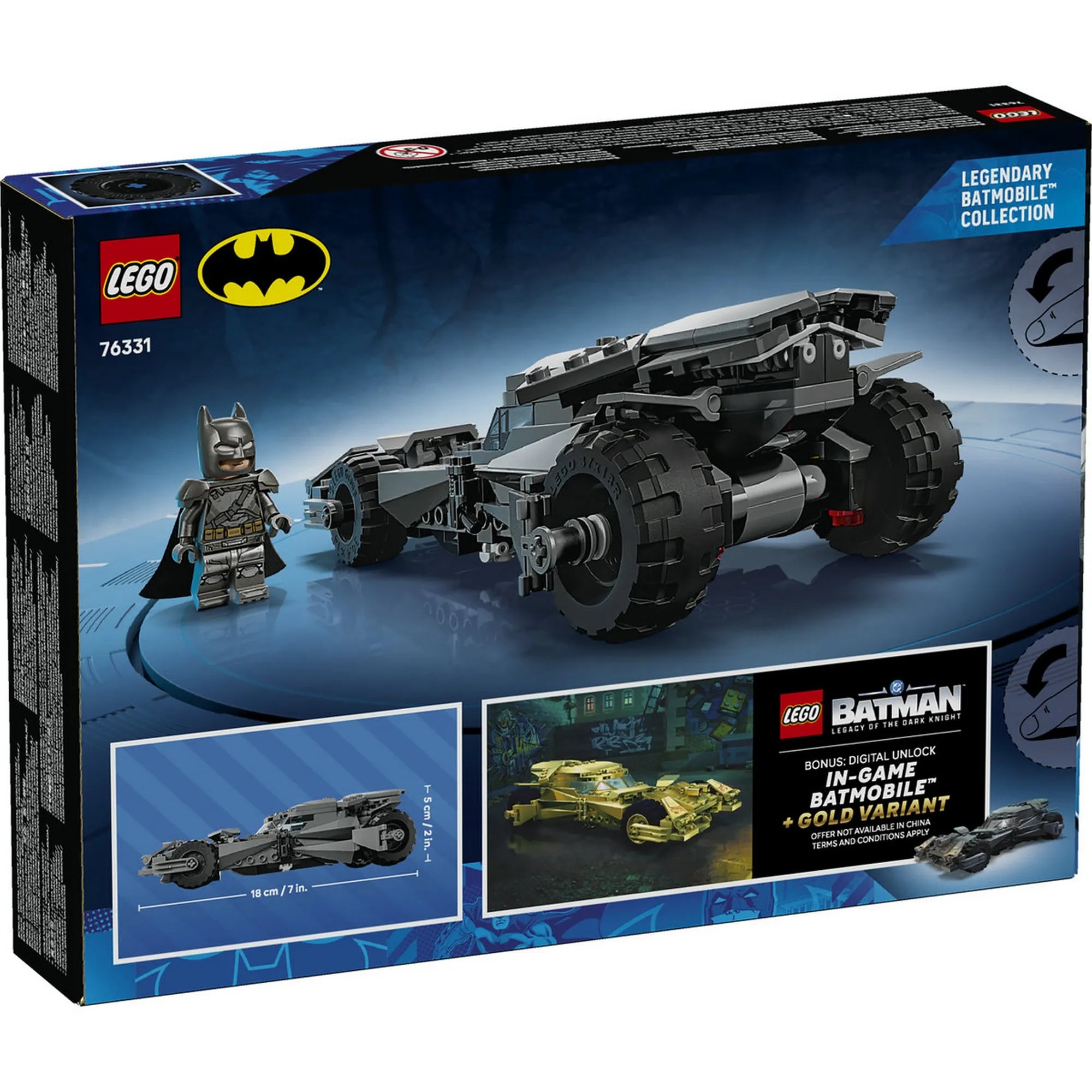 LEGO Batman Batmobile 76331 doboz hátoldala, a jármű részleteivel és Batman minifigurával a Legendary Batmobile Collection sorozatból.