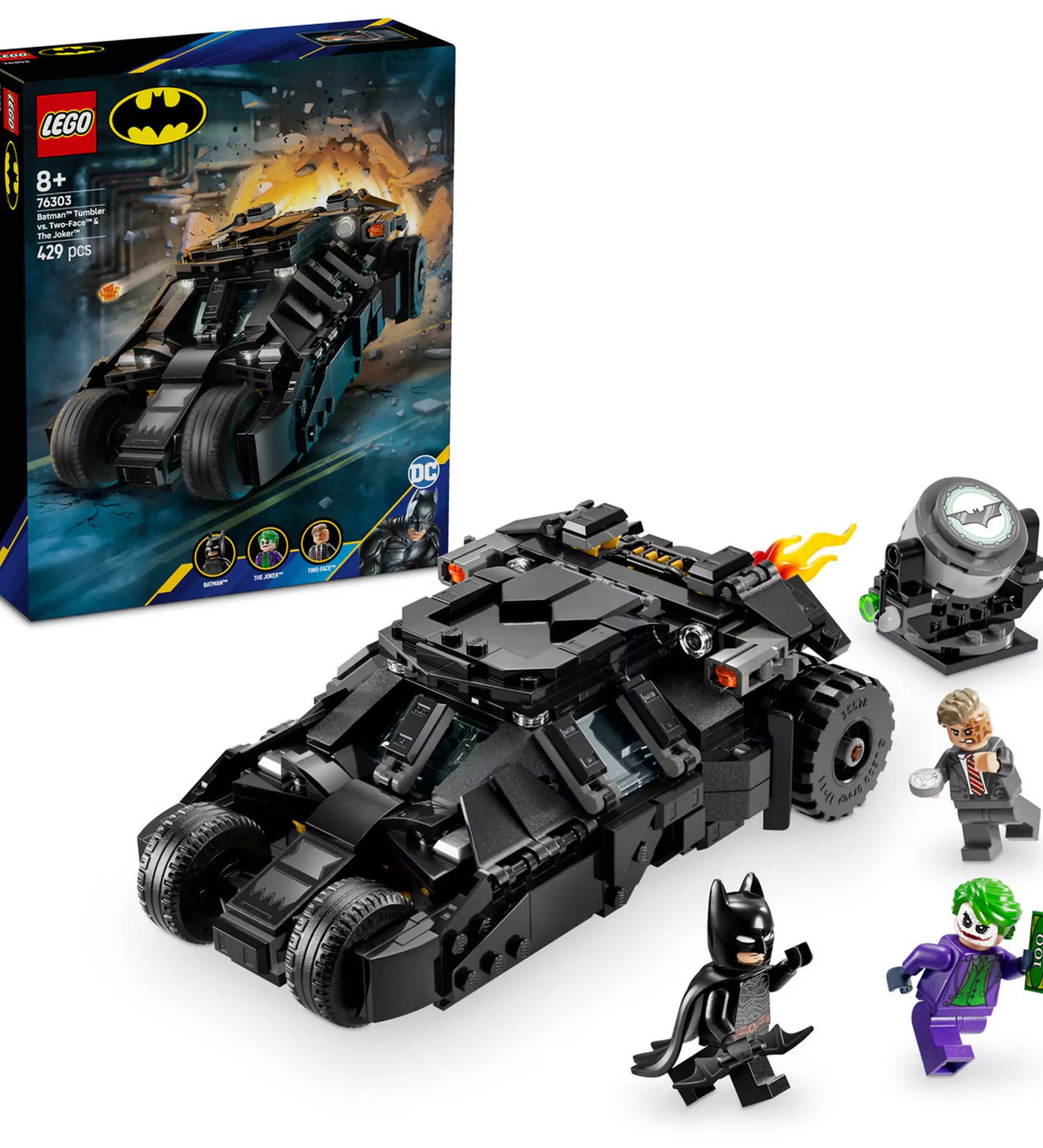 A szett tartalma a doboz mellett, beleértve a Batmobilt és a minifigurákat, mint Batman, Joker és Kétarc.