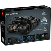 A LEGO Technic Batmobile Tumbler 42239 dobozának hátoldala, amely bemutatja a CONTROL+ funkciókat és a modell részleteit.
