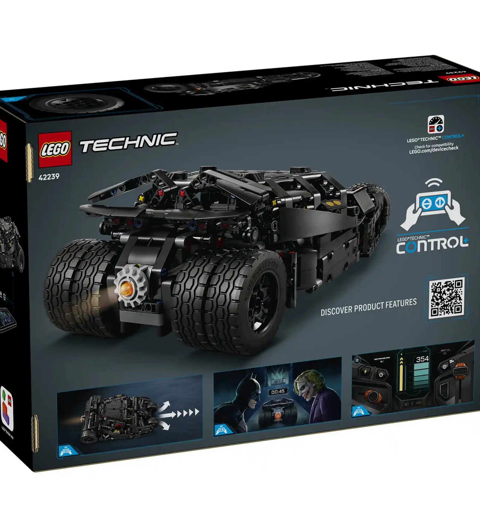 A LEGO Technic Batmobile Tumbler 42239 dobozának hátoldala, amely bemutatja a CONTROL+ funkciókat és a modell részleteit.