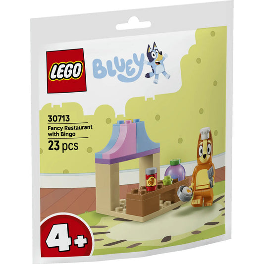 LEGO Bluey Bingo elegáns étterme (30713) polybag csomagolás, amelyen Bingo szakácssapkában látható egy színes éttermi stand mellett.