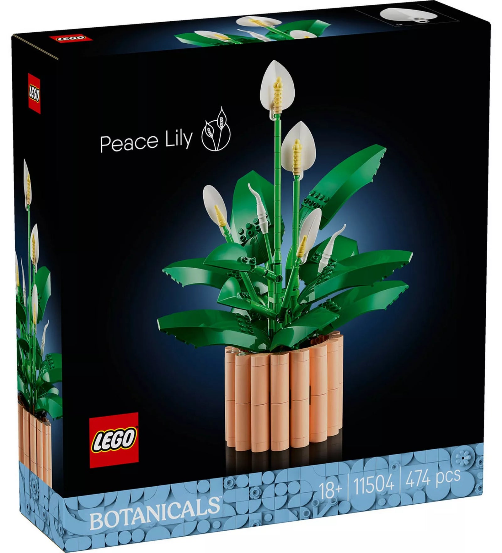 LEGO Botanicals Peace Lily (11504) készlet elölnézeti dobozképe, fekete háttéren megjelenített LEGO békeliliom modell fehér virágokkal és zöld levelekkel, dekoratív kaspóban.