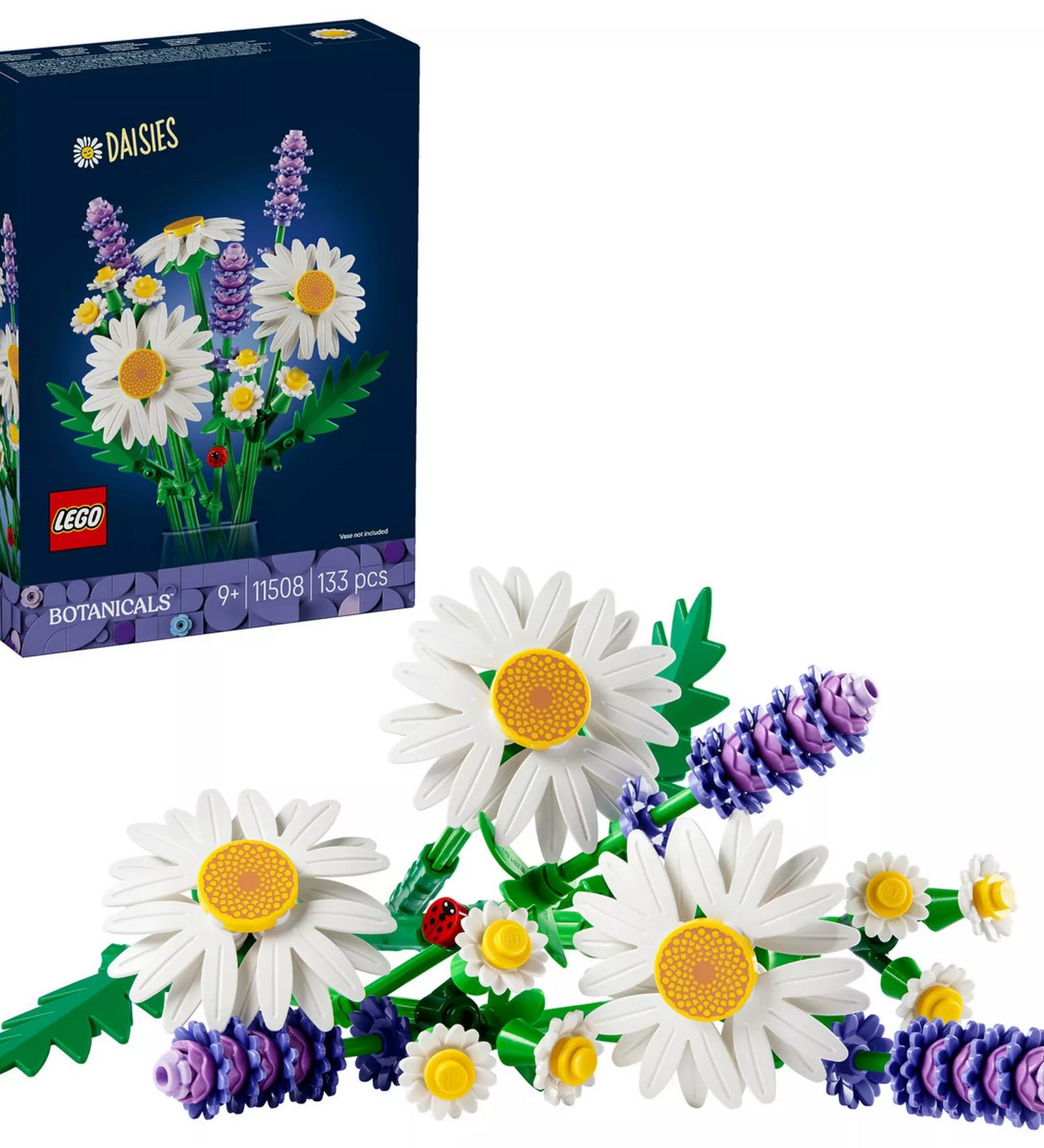 LEGO Botanicals Daisies (11508) megépített LEGO virágcsokor és az eredeti doboz együtt, fehér háttéren.