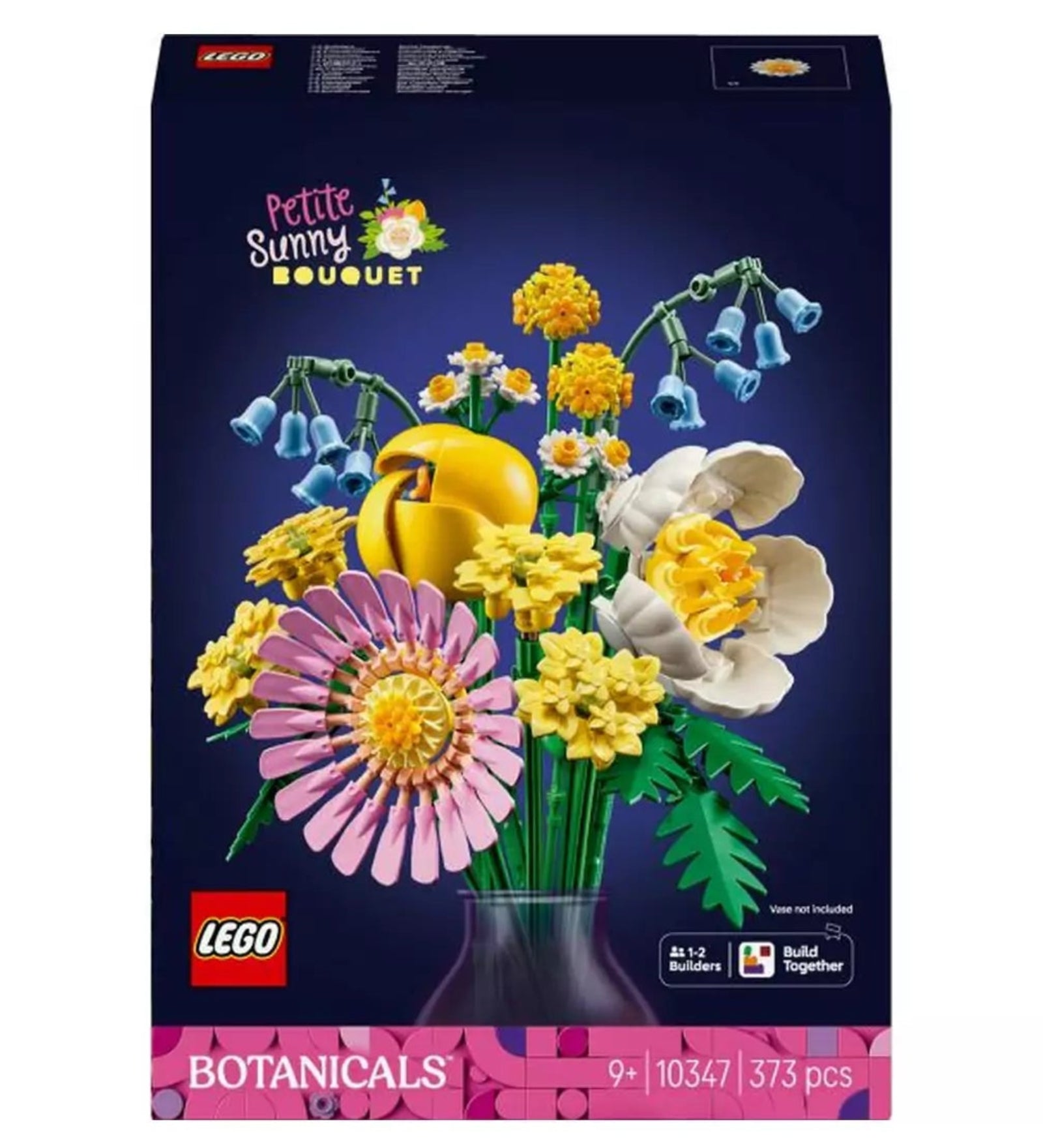 A LEGO 10347 készlet színes doboza, rajta a Napfényes virágcsokor képe kék háttérrel, 373 elemes jelöléssel.