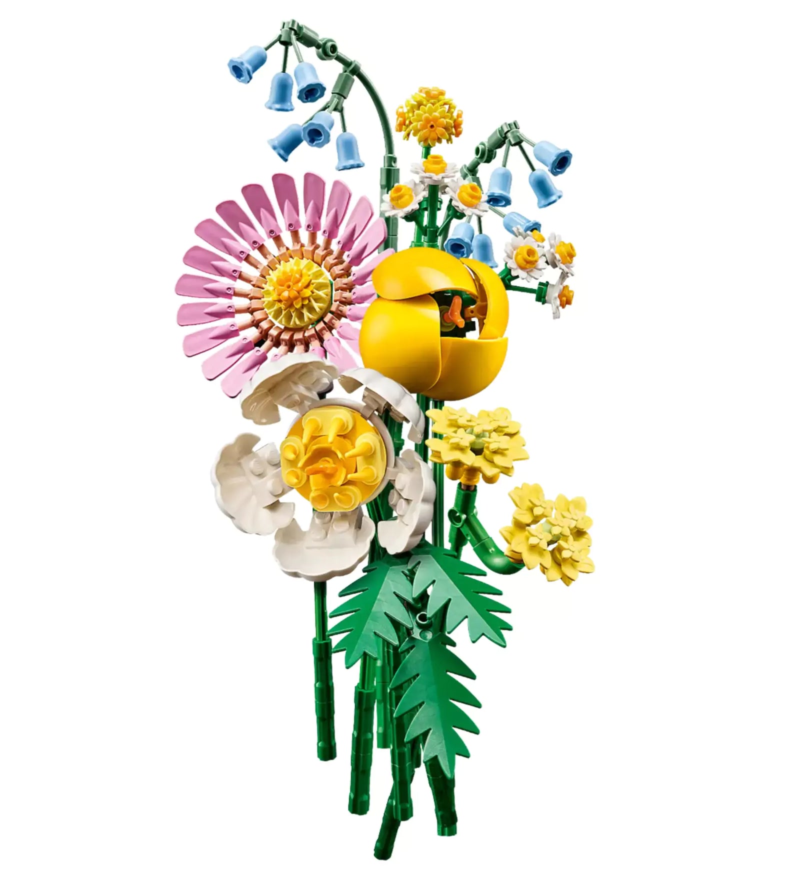 LEGO Botanicals Napfényes virágcsokor közelről – A LEGO 10347 készlet virágai színes részletekkel, rózsaszín, sárga, fehér és kék árnyalatokkal megépítve, zöld szárral és levelekkel.