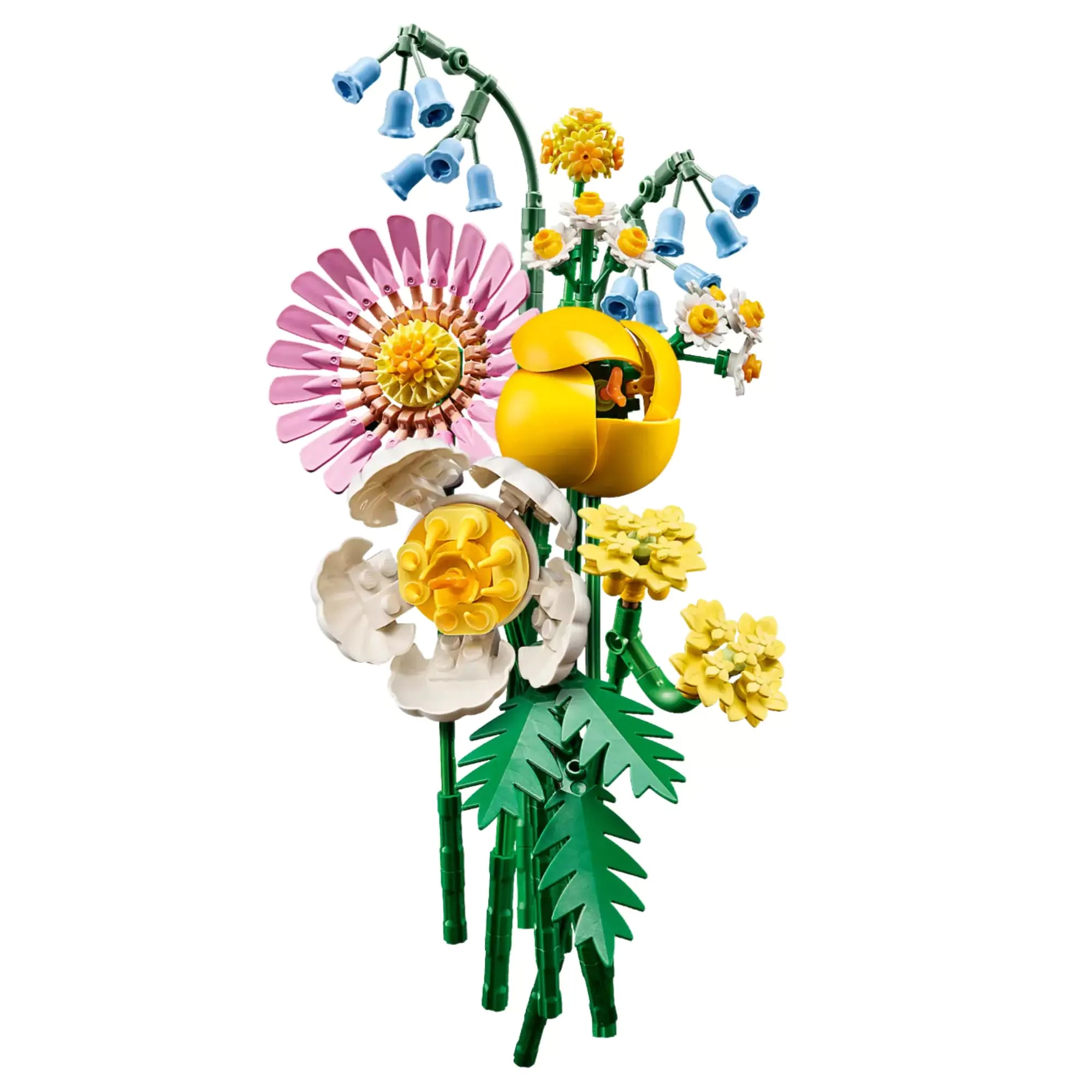 LEGO Botanicals Napfényes virágcsokor közelről – A LEGO 10347 készlet virágai színes részletekkel, rózsaszín, sárga, fehér és kék árnyalatokkal megépítve, zöld szárral és levelekkel.