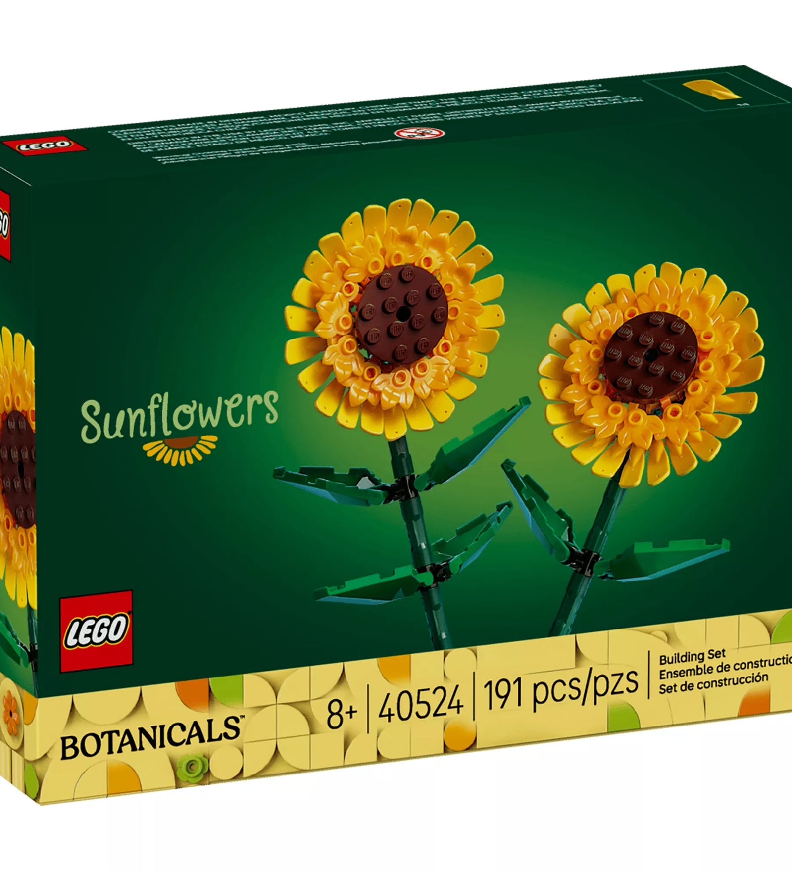 LEGO Botanicals Napraforgó 40524 dobozkép két sárga napraforgó virággal zöld háttéren 191 darabos készlet