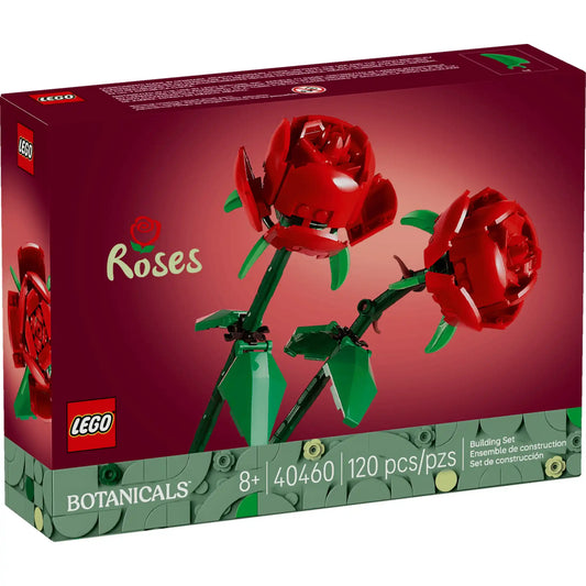 LEGO Botanicals Roses (40460) dobozkép, két vörös LEGO rózsával, zöld szárakkal és sötét rózsaszín háttérrel