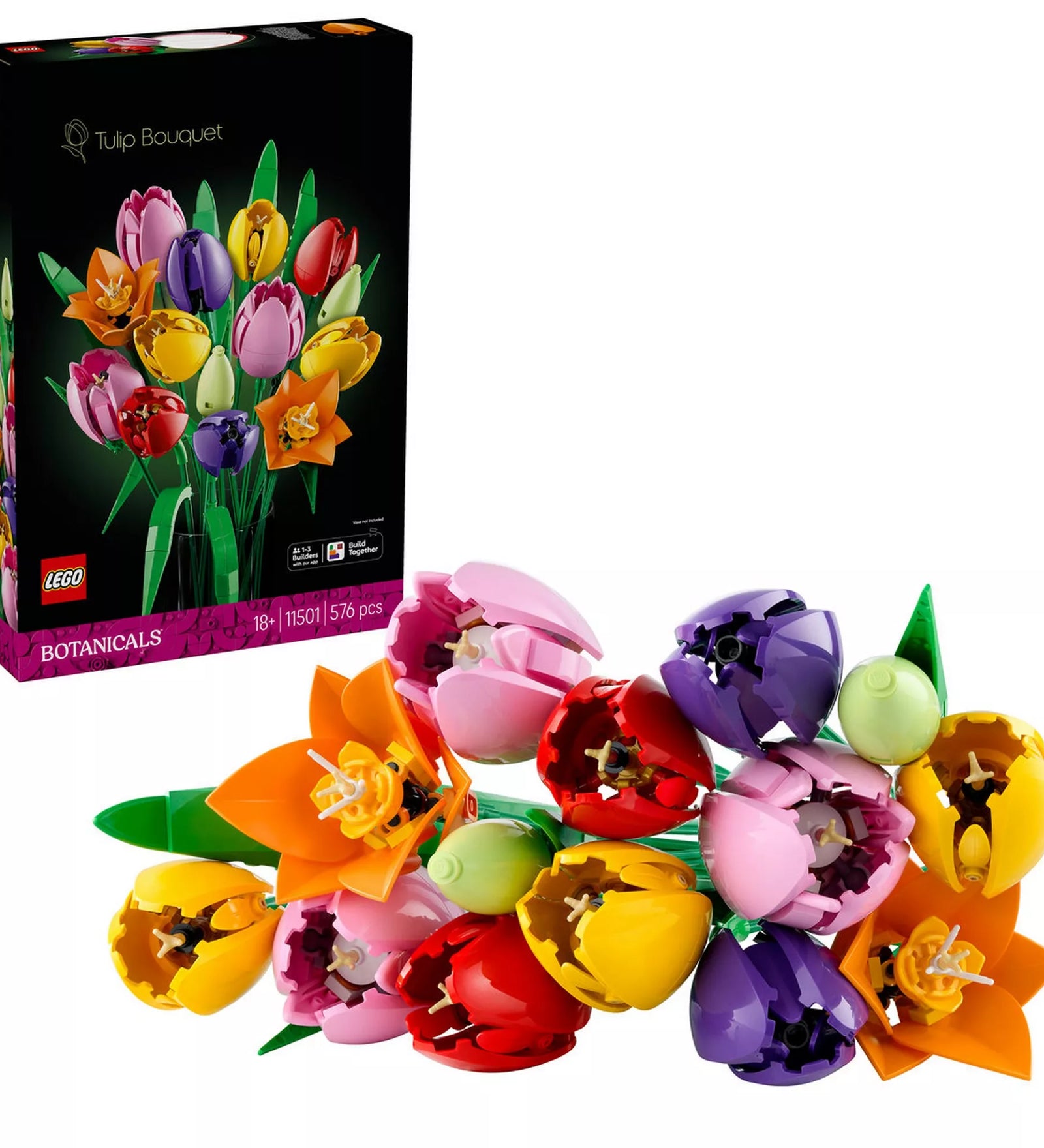 A LEGO® Botanicals Tulipáncsokor (11501) doboza és a kész LEGO virágcsokor együtt, bemutatva a szett tartalmát és a végső dekoratív megjelenést