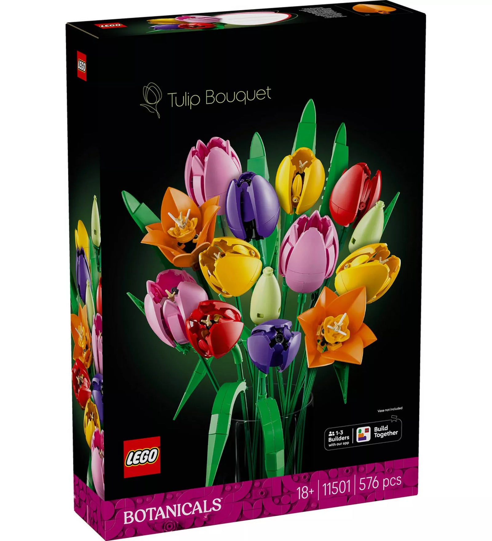 LEGO® Botanicals Tulipáncsokor (11501) dobozképe, amely a színes LEGO tulipánokból álló dekoratív csokrot mutatja fekete háttéren, Botanicals dizájnnal