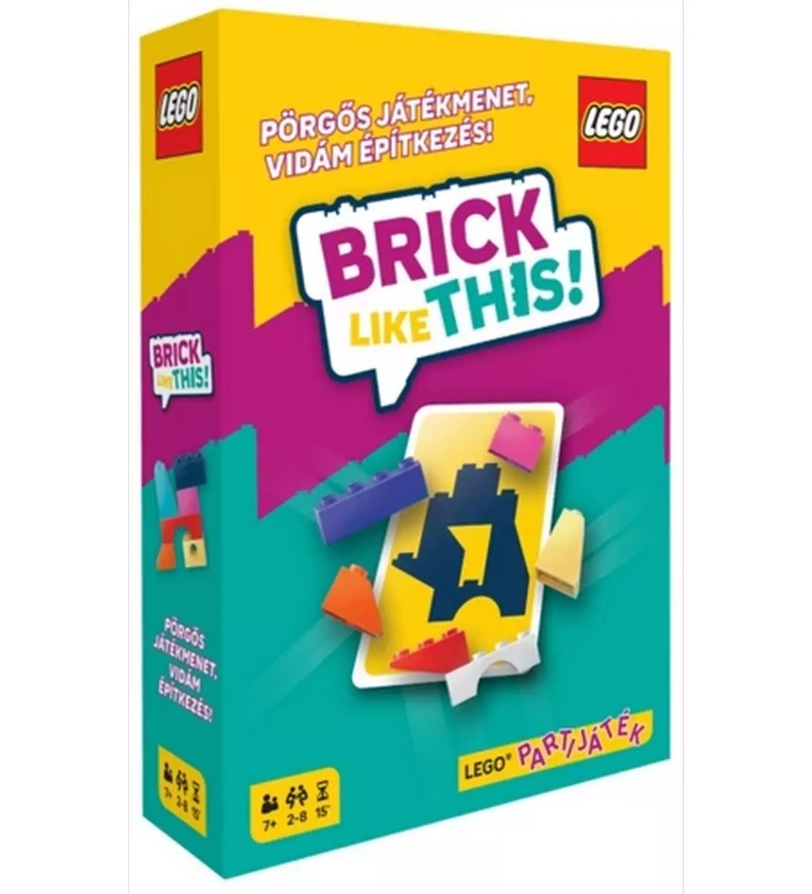 „LEGO Brick Like This! partijáték doboza színes, vidám grafikával, LEGO kockákkal és játékkártyával díszítve. A borítón a szlogen: Pörgős játékmenet, vidám építkezés!”