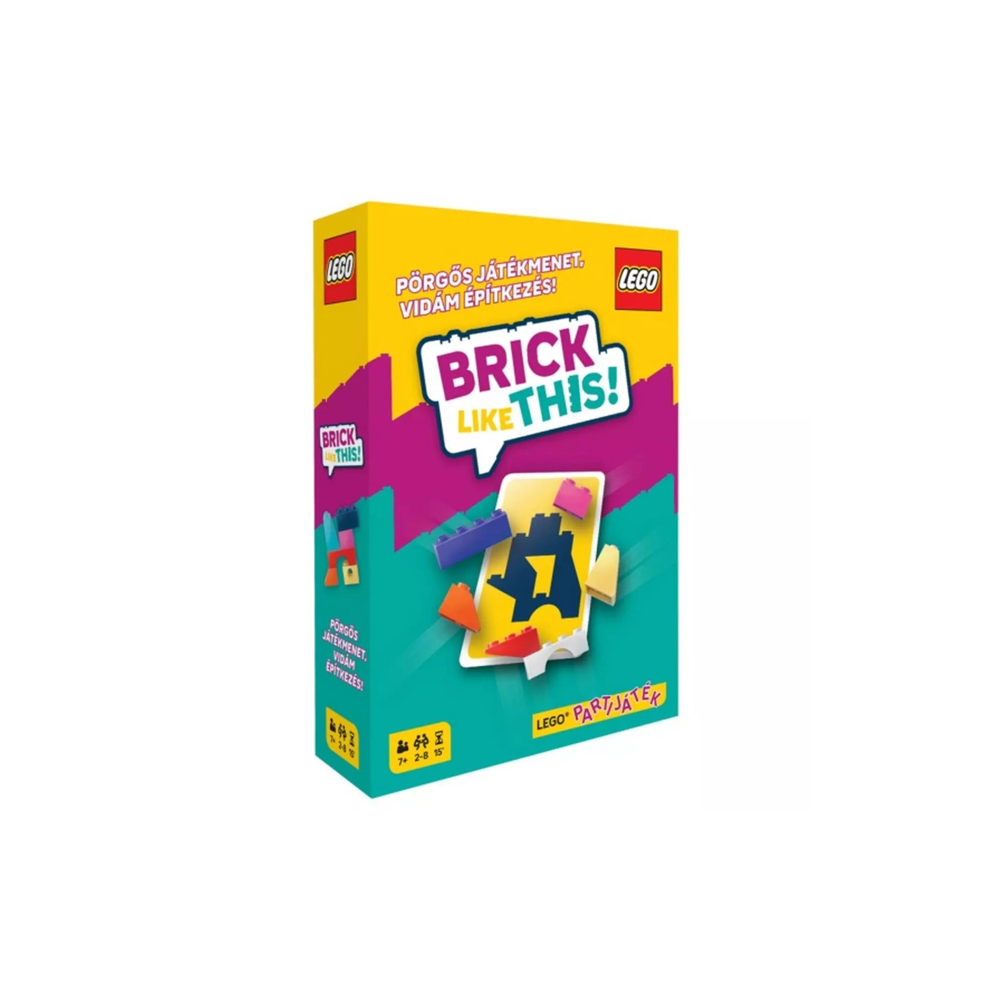 „LEGO Brick Like This társasjáték doboza élénk sárga és türkiz színekben, színes LEGO kockákkal és mintakártya illusztrációval.”