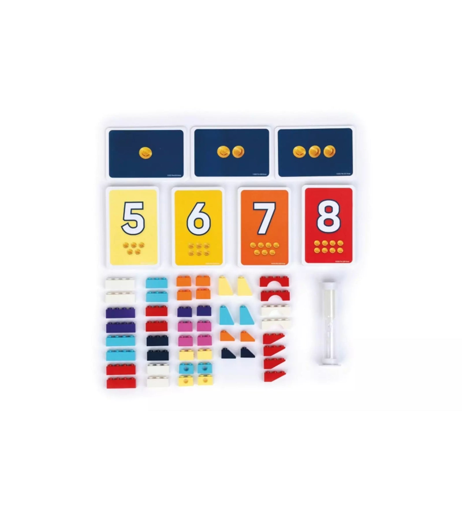 „LEGO Brick Like This társasjáték teljes tartalma: színes LEGO építőkockák, számkártyák, kihíváskártyák és homokóra.”