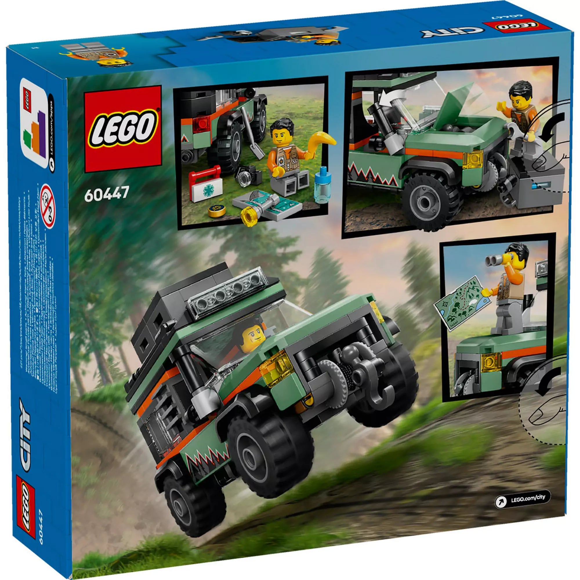 LEGO City 4x4-es off-road terepjáró 60447 - a szett dobozának hátoldala, részletekkel és kiegészítőkkel.