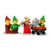 LEGO City: Adventi naptár 2026, 60510 manófigurái és karácsonyi szereplője egy kerekes játékmasina mellett.