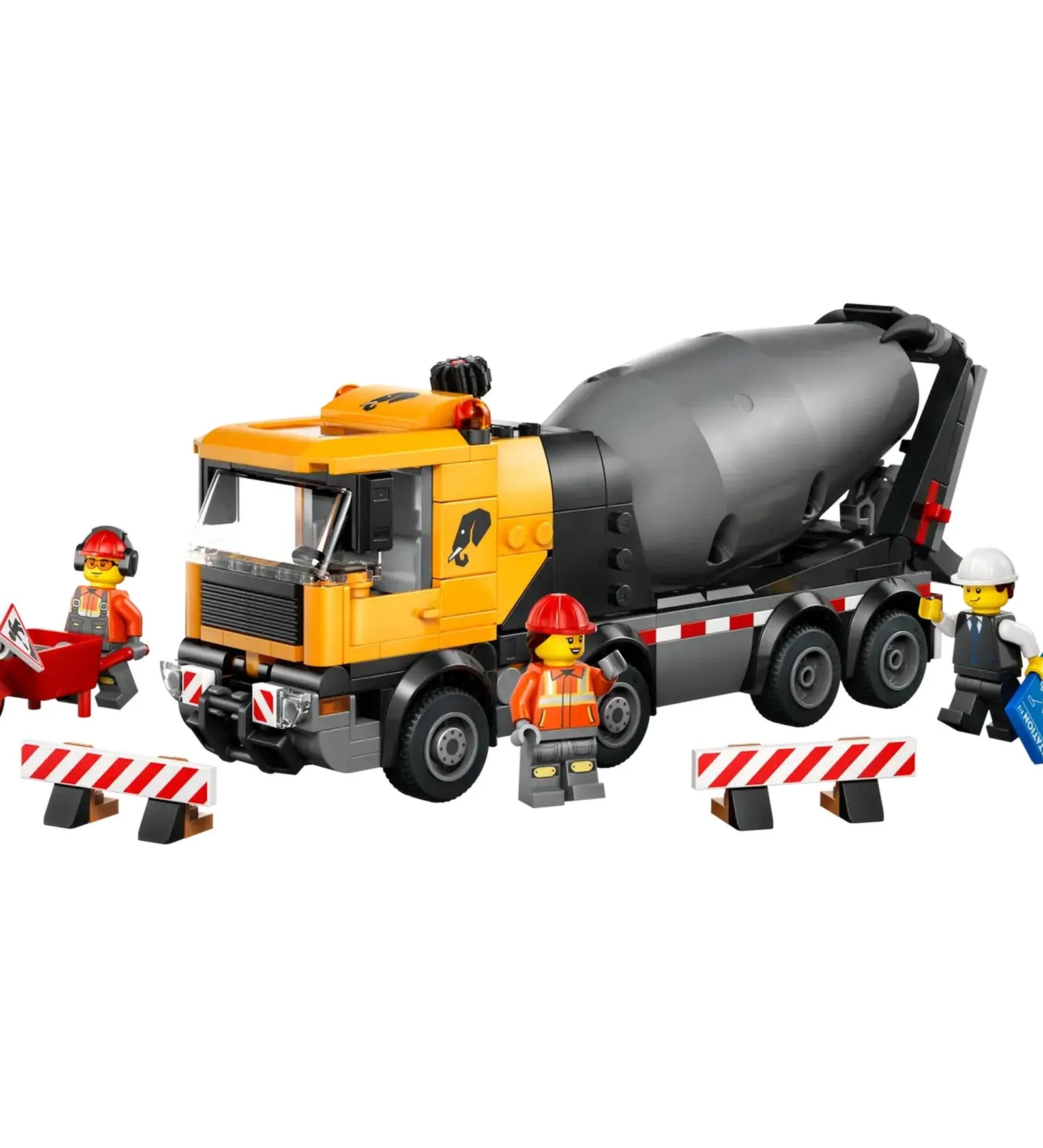 LEGO City Betonkeverő 60478 teljes készlet, sárga betonkeverő teherautó, munkások és útlezáró elemek fehér háttéren.