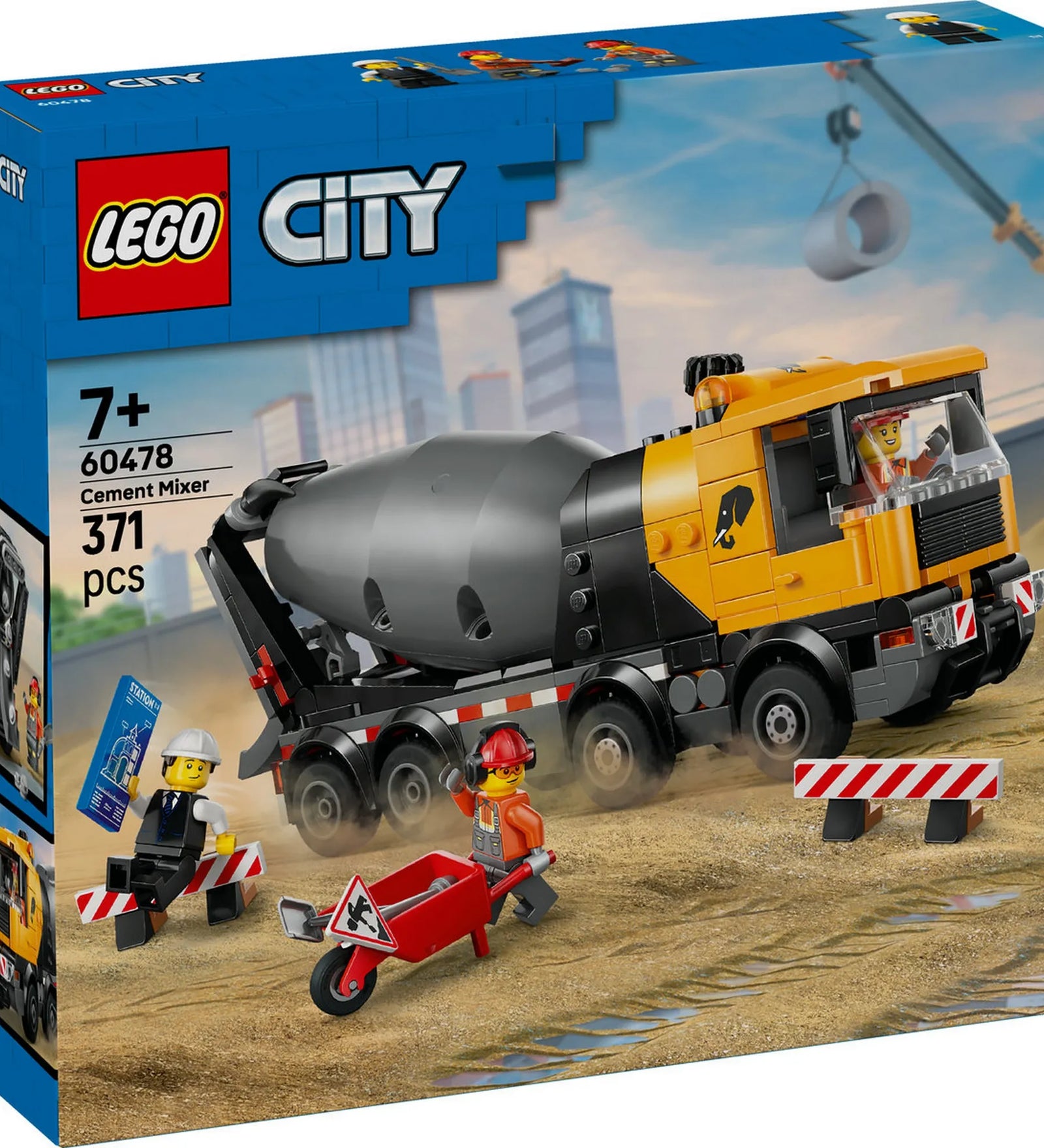 LEGO City Betonkeverő 60478 dobozkép, munkaterületen dolgozó betonkeverő teherautóval és munkás minifigurákkal.