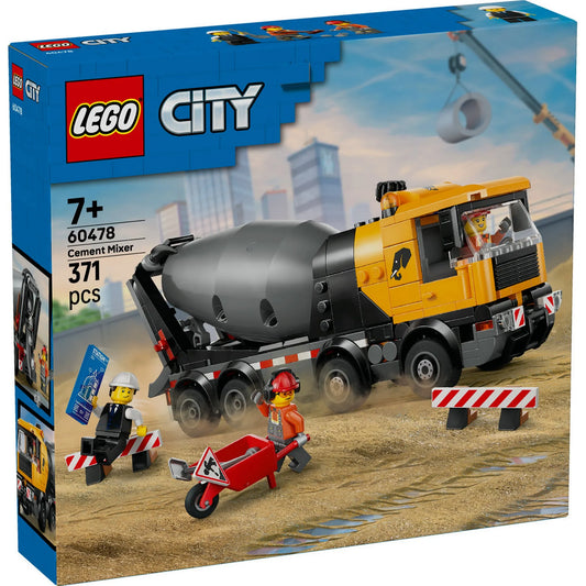 LEGO City Betonkeverő 60478 dobozkép, munkaterületen dolgozó betonkeverő teherautóval és munkás minifigurákkal.
