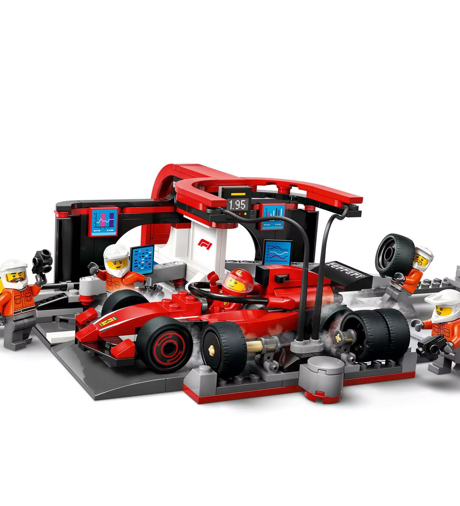 LEGO City F1 boxutca és személyzet, Ferrari autóval (60443) készlet működés közben, versenyautó kerékcserével.