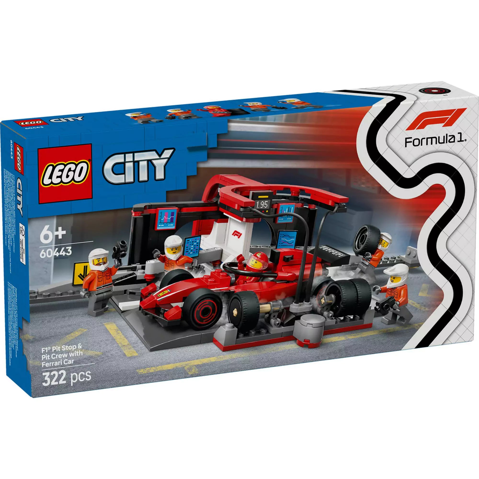 LEGO City F1 boxutca és személyzet, Ferrari autóval (60443) doboza, amely a készlet tartalmát ábrázolja.