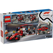 LEGO City F1 boxutca és személyzet, Ferrari autóval (60443) készlet hátoldala, működő funkciók bemutatásával és LEGO minifigurákkal.