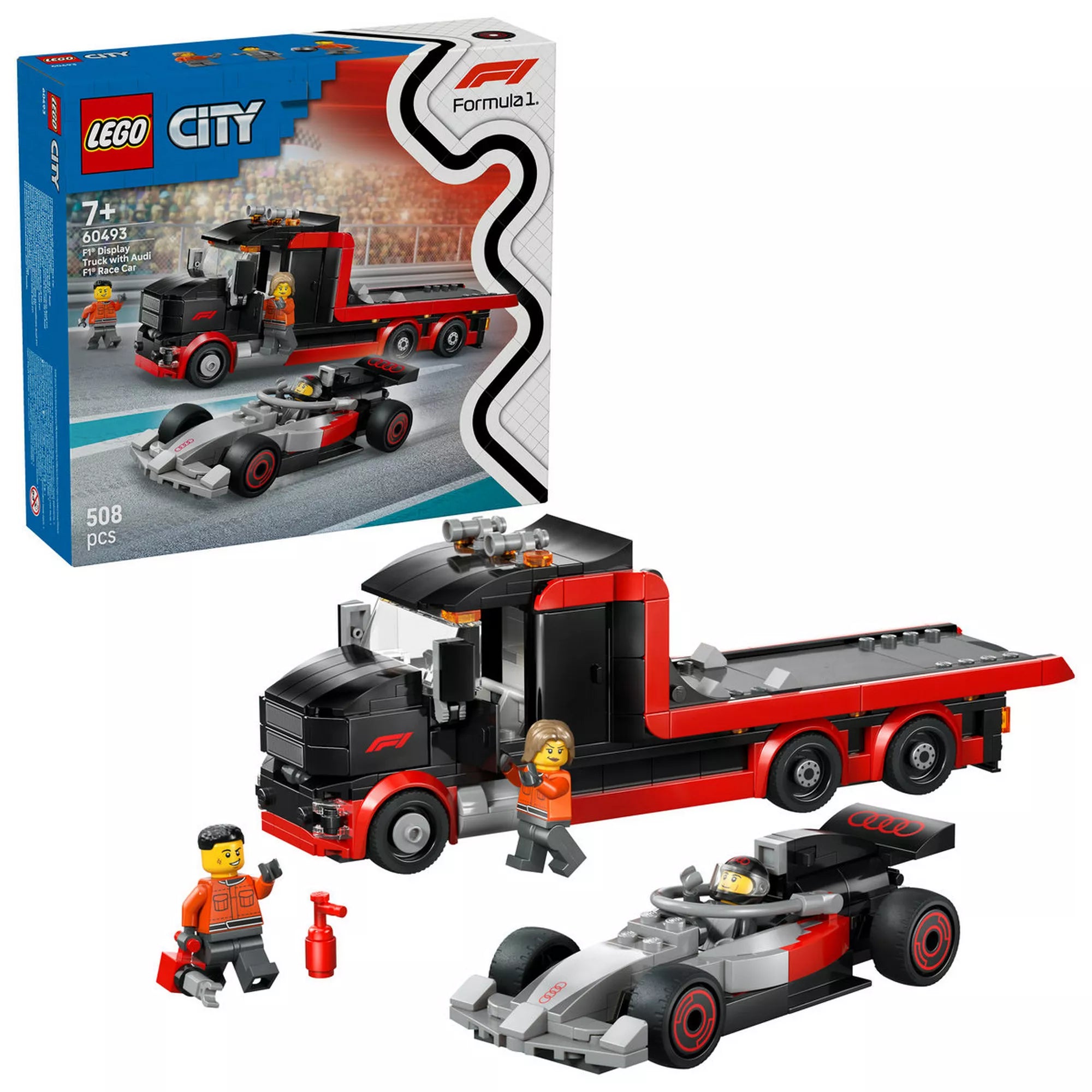 LEGO City 60493 készlet dobozzal és megépített modellekkel, F1 kamion és Audi Formula 1 versenyautó.