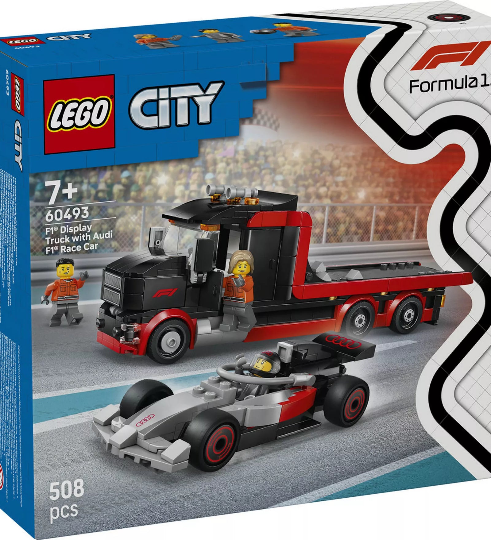 LEGO City F1-es kamion egy F1-es Audi versenyautóval 60493 dobozkép, Audi Formula 1 autó és szállítókamion 508 darabos készletben.