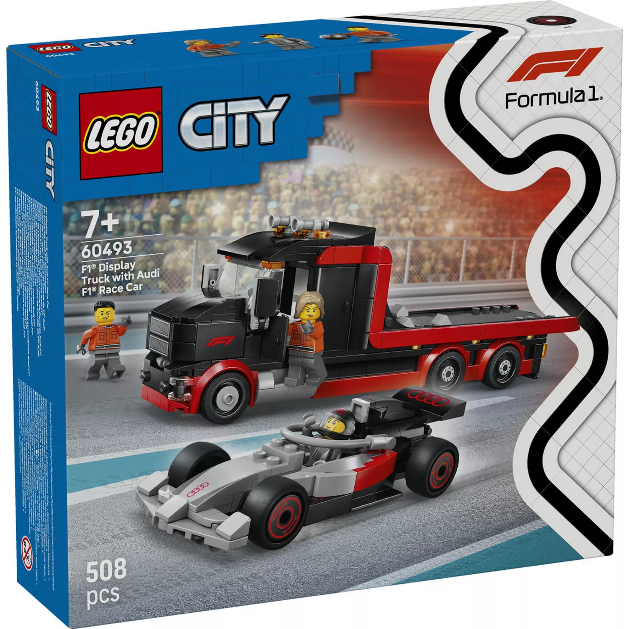 LEGO City F1-es kamion egy F1-es Audi versenyautóval 60493 dobozkép, Audi Formula 1 autó és szállítókamion 508 darabos készletben.