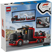 LEGO City 60493 készlet hátoldali dobozkép, F1 kamion emelőplatformmal és Audi versenyautó szállítási funkcióval.