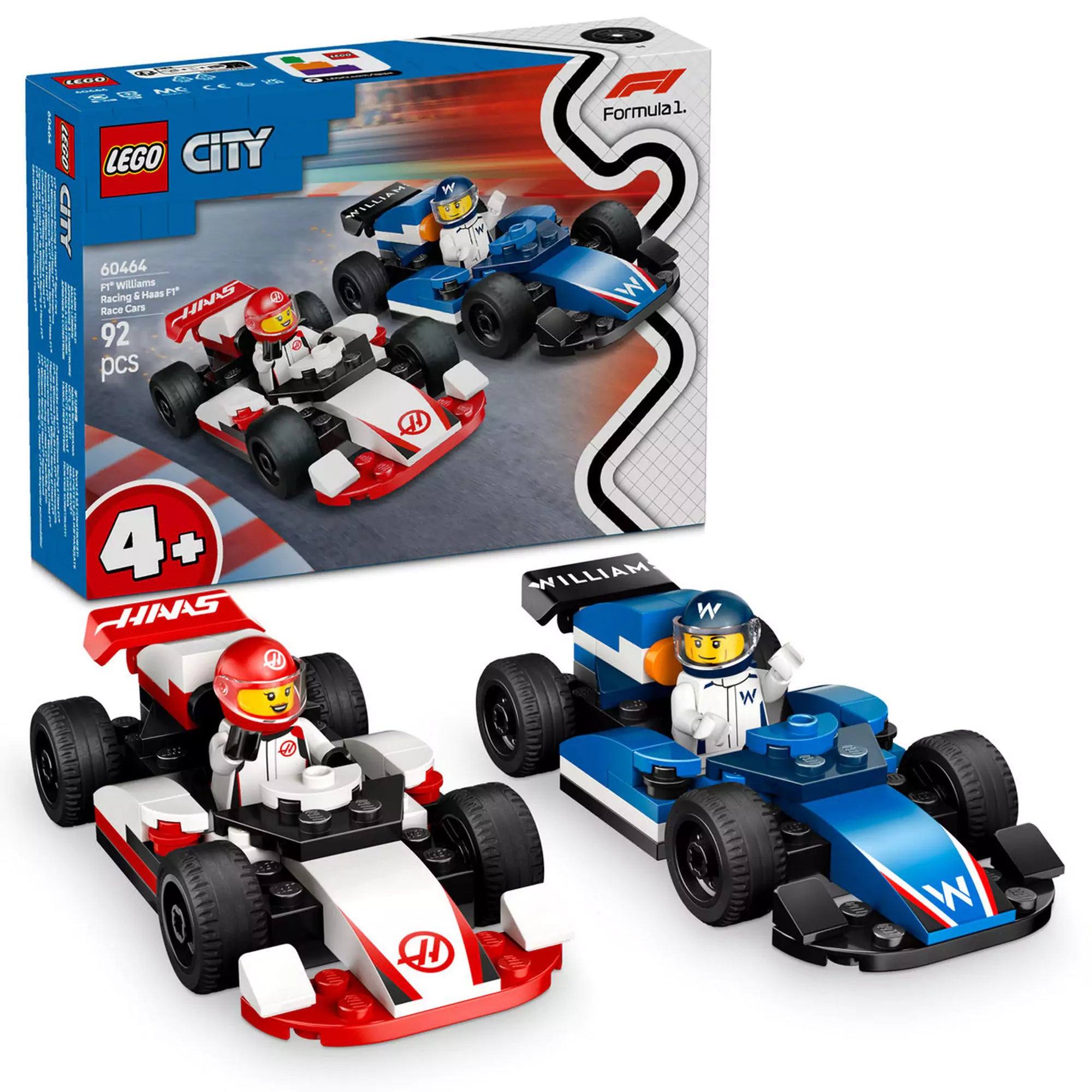  LEGO City F1-es Williams Racing és Haas F1 versenyautók 60464 – dobozkép az autók és a minifigurák játékra kész állapotával.