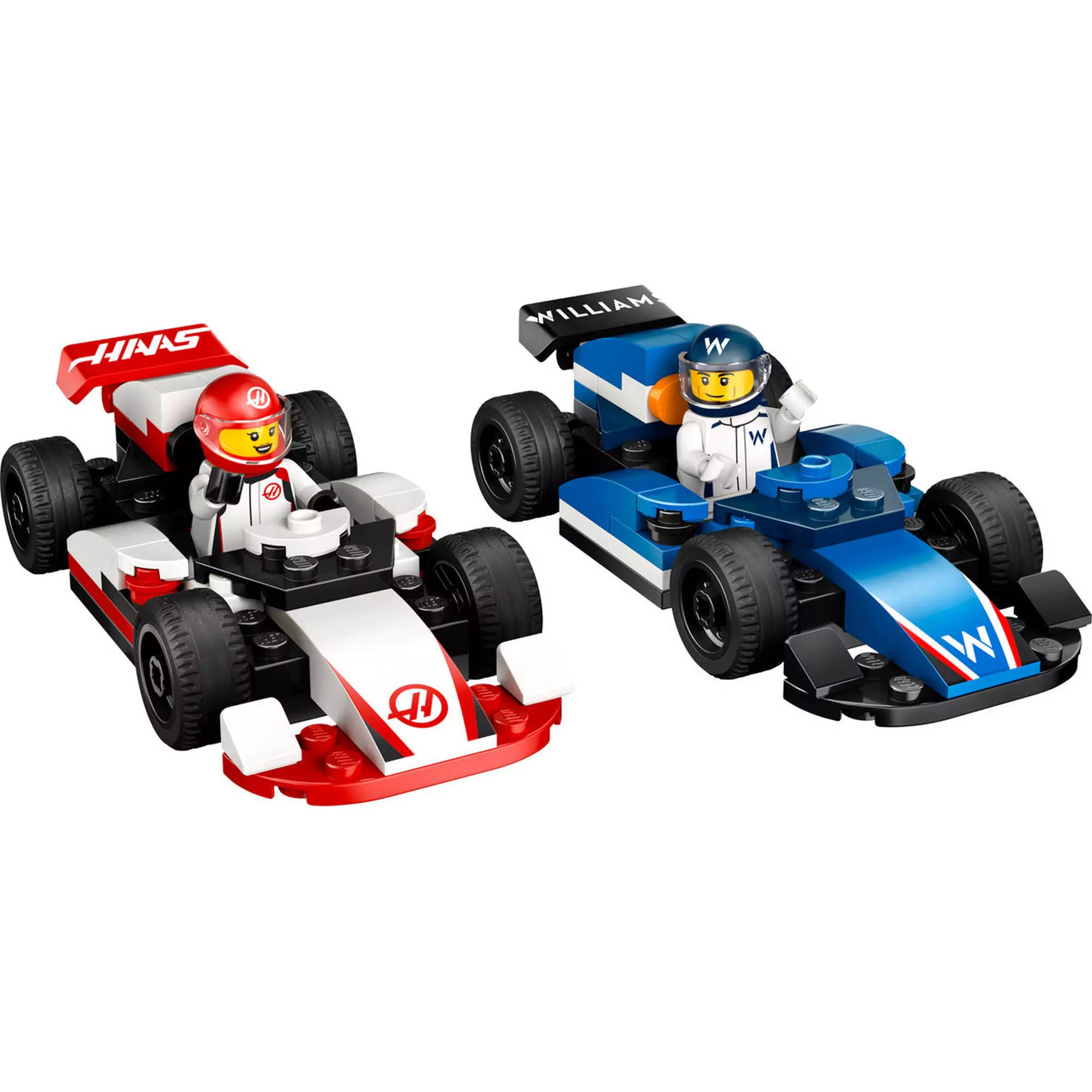  LEGO City F1-es Williams Racing és Haas F1 versenyautók 60464 – közelebbi nézet a Williams és Haas F1 autókról minifigurákkal.