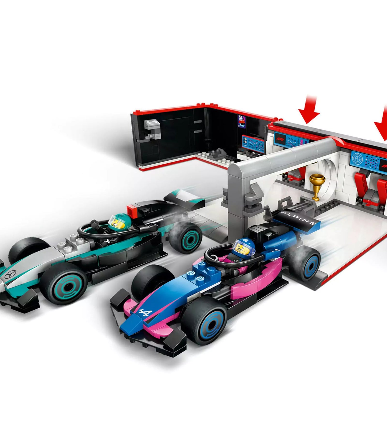 LEGO City F1 garázs, Mercedes-AMG és Alpine autók (60444) - két versenyautó gyors indítása és a részletesen kidolgozott garázs belső elemei.