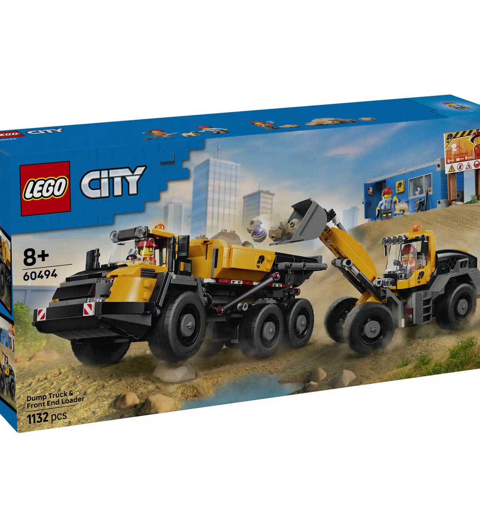 LEGO City Homlokrakodó és billenőplatós teherautó (60494) dobozképe, amely egy sárga homlokrakodót és egy hatkerekű dömpert ábrázol építkezési környezetben, munkás minifigurákkal és építési területtel.