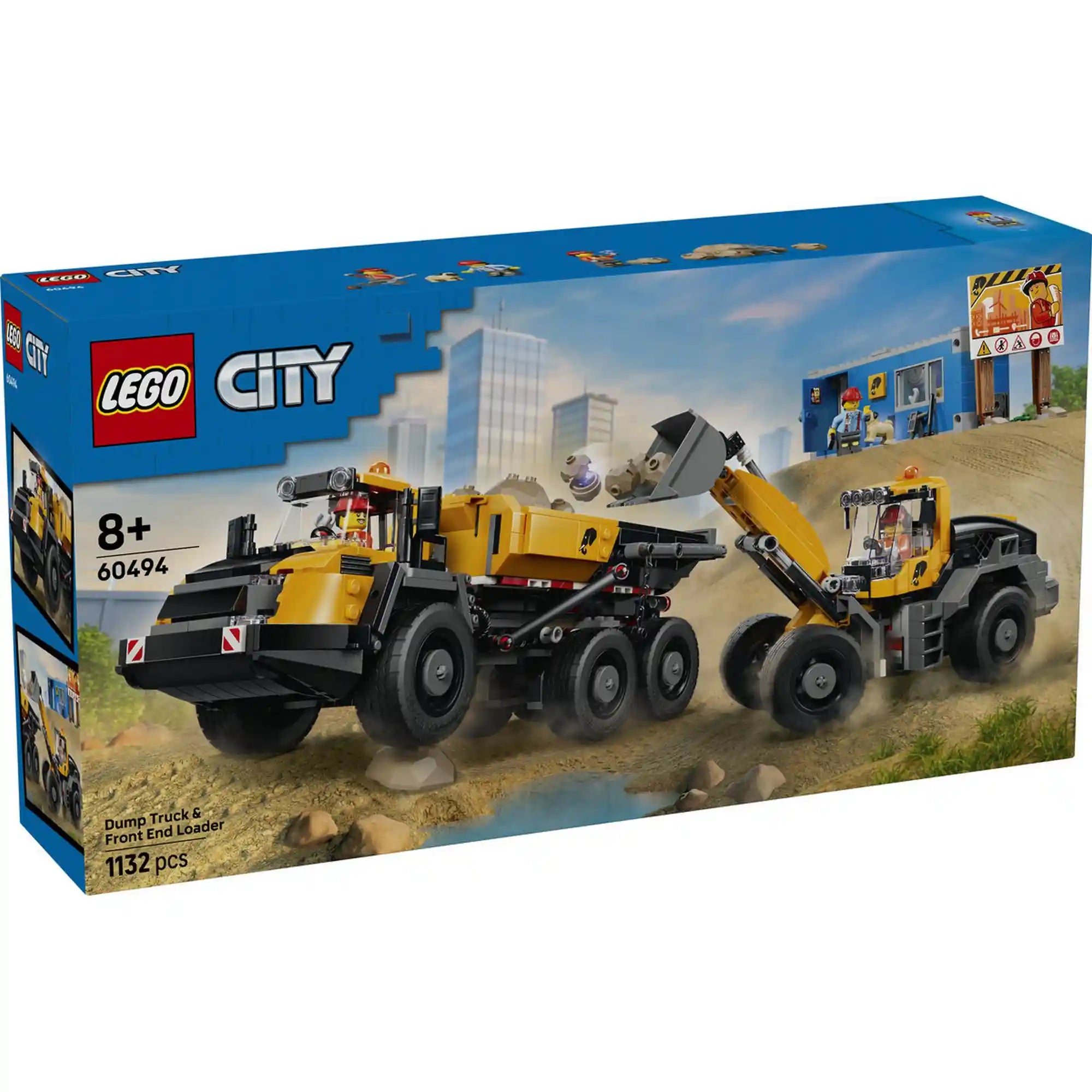 LEGO City Homlokrakodó és billenőplatós teherautó (60494) dobozképe, amely egy sárga homlokrakodót és egy hatkerekű dömpert ábrázol építkezési környezetben, munkás minifigurákkal és építési területtel.