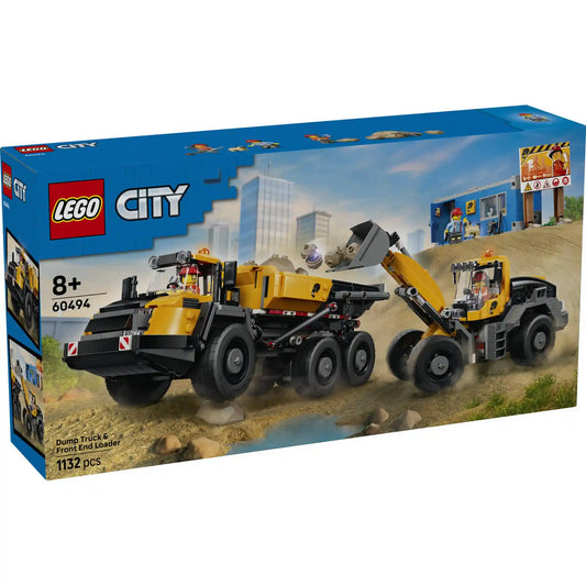 LEGO City Homlokrakodó és billenőplatós teherautó (60494) dobozképe, amely egy sárga homlokrakodót és egy hatkerekű dömpert ábrázol építkezési környezetben, munkás minifigurákkal és építési területtel.
