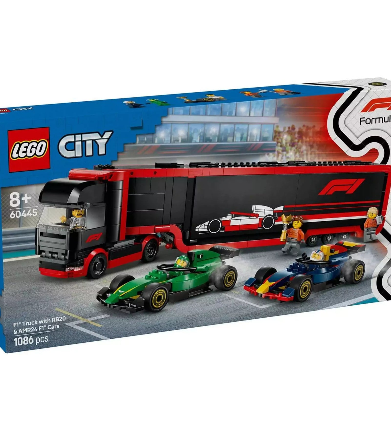LEGO City Kamion, RB20 és AMR24 F1 autókkal 60445 – az ikonikus doboz kialakítása és tartalma.