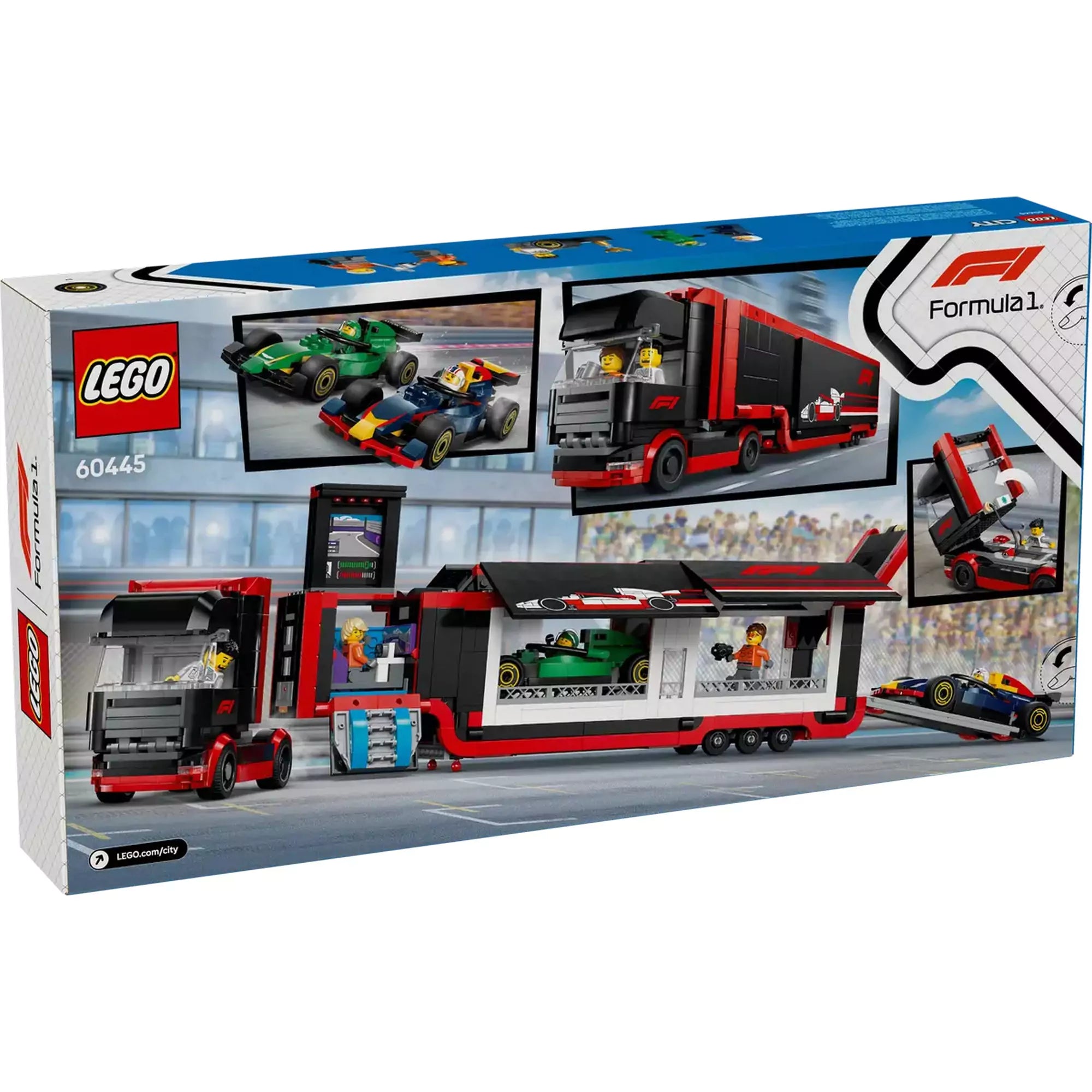 LEGO City Kamion, RB20 és AMR24 F1 autókkal 60445 – a játékkészlet dobozának hátoldala bemutatva a felnyitható részleteket és játékelmeket.