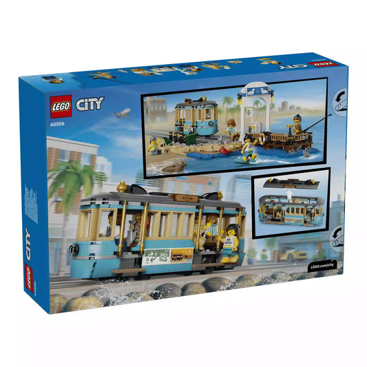 LEGO City Klasszikus tengerparti villamos 60506 doboz hátoldala levehető tetővel és tengerparti jelenettel