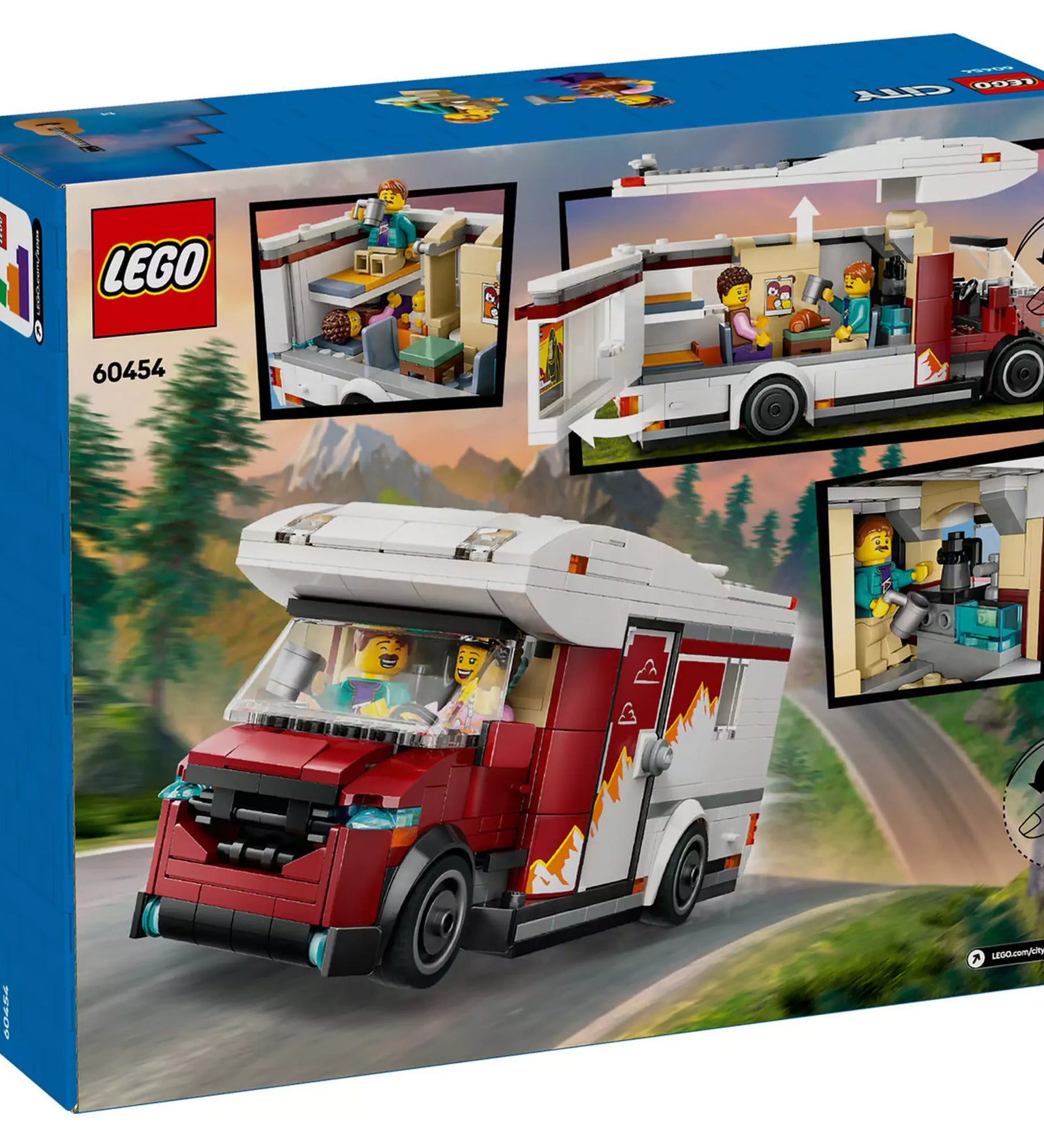 LEGO City Lakóautó a kalandos nyaraláshoz (60454) hátoldal - A doboz hátulja bemutatja a lakóautó belső tereit és izgalmas funkcióit.