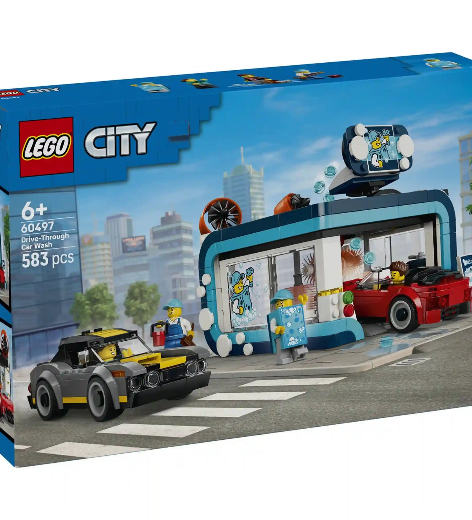 LEGO City Önkiszolgáló autómosó 60497 dobozkép autómosó épülettel, piros kabrióval, fekete-sárga izomautóval és minifigurákkal