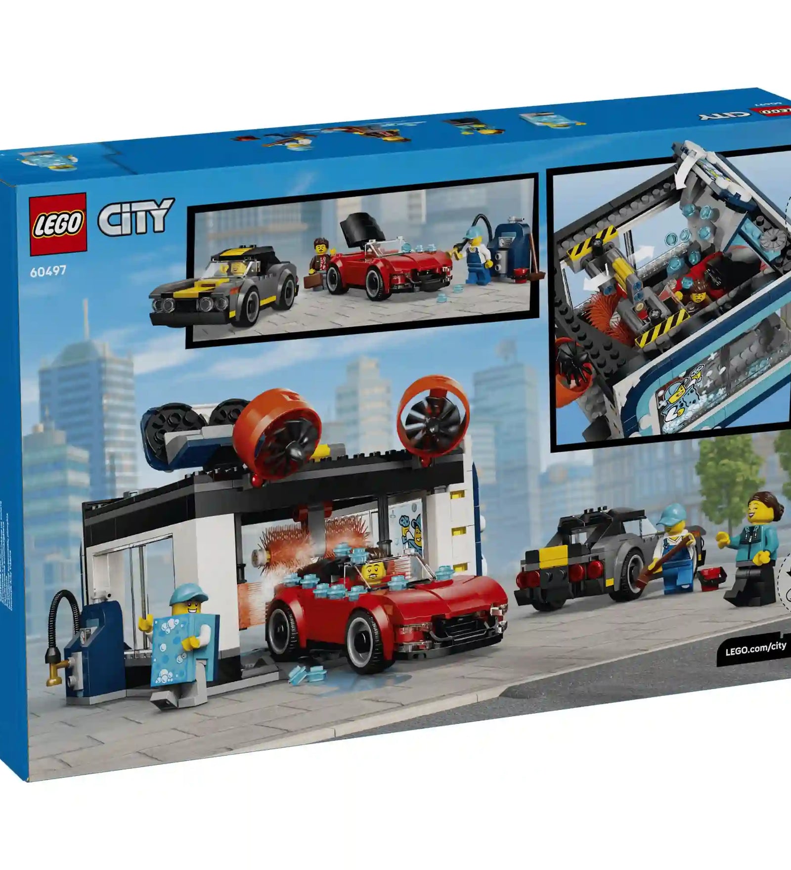 LEGO City Önkiszolgáló autómosó 60497 doboz hátoldala az autómosó funkcióinak és a forgó kefék működésének bemutatásával