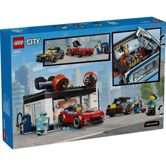 LEGO City Önkiszolgáló autómosó 60497 doboz hátoldala az autómosó funkcióinak és a forgó kefék működésének bemutatásával